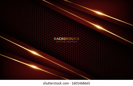 Red luxury background with overlap layers. Texture with golden line and shiny golden light effect. Vector illustration.