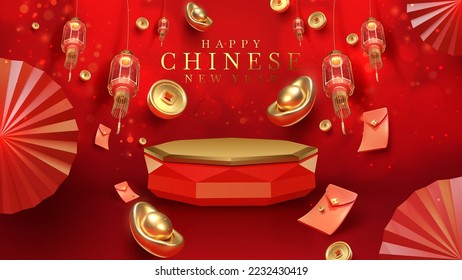 Red luxury background with product display podium element with 3d realistic chinese new year ornament and glitter light effect decoration and bokeh. Vector illustration.