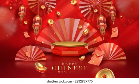 Red luxury background with product display podium element with 3d realistic chinese new year ornament and glitter light effect decoration and bokeh. Vector illustration.