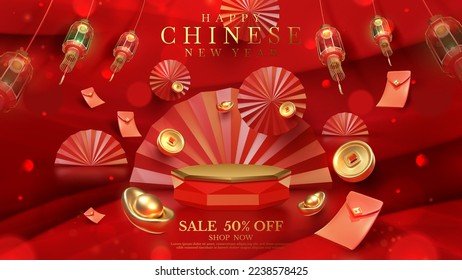 Red luxury background with product display podium element with 3d realistic chinese new year ornament and glitter light effect decoration and bokeh. Vector illustration.