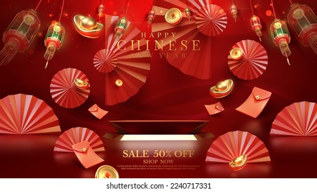 Red luxury background with product display podium element with 3d realistic chinese new year ornament and glitter light effect decoration and bokeh. Vector illustration.