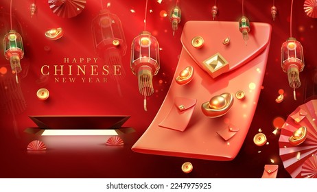 Red luxury background with product display podium element with 3d realistic chinese new year ornament and glitter light effect decoration and bokeh. Vector illustration.