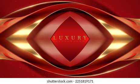 Arrière-plan luxe rouge avec éléments de courbe dorée 3D réalistes et décoration d'effet de lumière éclatante.