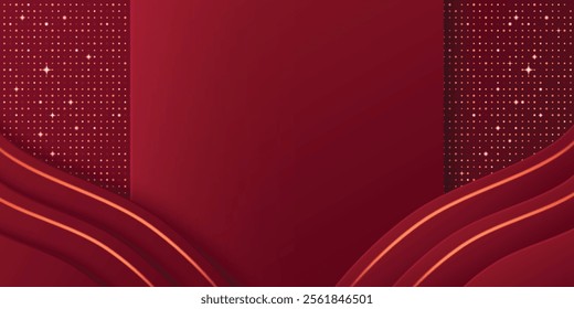 Red luxury background with sparkling crystals. Vector realistic illustration of abstract blank banner with elegant curvy lines and shimmering spots, romantic holiday card, discount or sale backdrop