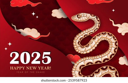 Red luxury banner with hand drawn paper cut Oriental Snake as a traditional symbol of 2025 Lunar New year. Horizontal greeting card with Asian decorations - clouds, stars, reptile scales. Paper art