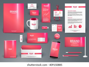 Red luxury branding design kit. Identity template for spa, shop, boutique, medical or beauty salon. Business stationery mock-up. Editable vector illustration: folder, envelope, cup, card, etc.