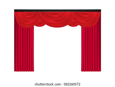 Red luxury curtains and draperies on white background, realistic vector illustration