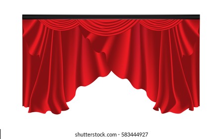 Red luxury curtains and draperies on white background, realistic vector illustration