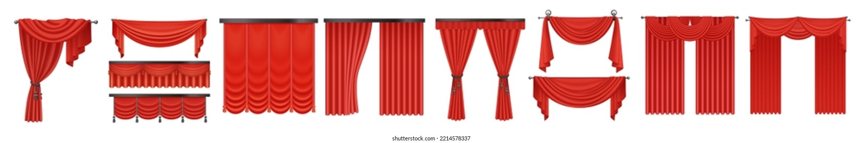 Red luxury curtains set vector illustration. Realistic 3d open and closed silk, velvet or satin classic curtains drape, hanging cloth for drapery of window, interior decoration background