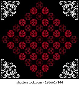 red luxury ethnic abstract flower ornament design and white borders on black background. tattoo vector illustration in the form of the sun. design for wallpaper, fabric, tile, floor, decorative, web 