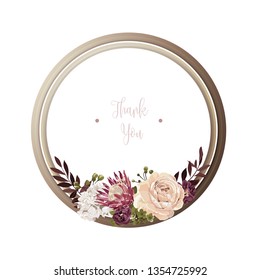 Red luxury floral greeting card with white, green and purple flowers on white backgroud and wooden circle frame.