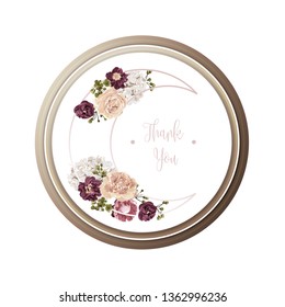 Red luxury floral greeting card with white, green and purple flowers on white background and wooden circle frame.
