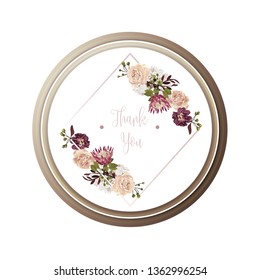 Red luxury floral greeting card with white, green and purple flowers on white background and wooden circle frame.