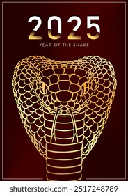 Red luxury greeting card for 2025 Lunar New Year or Christmas, celebrating the Year of the Snake. Invitation poster with golden linear head of King Cobra snake. Chinese horoscope sign, Oriental zodiac