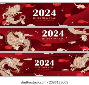 Red luxury header with hand drawn paper cut Chinese Dragon as a traditional symbol of 2024 New year. Panoramic banner with asian decorations - clouds, stars, dragon scales. Christmas layered billboard