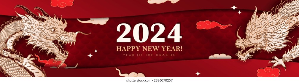 Encabezado de lujo rojo con papel pintado a mano recortado Dragón chino como símbolo tradicional del Año Nuevo 2024. Panorámica con decoración asiática - nubes, estrellas, báscula de dragón. Afiche en capas de Navidad