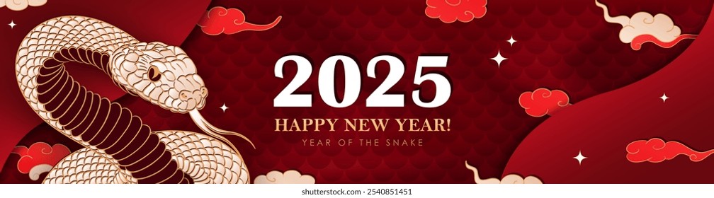 Red luxury layered header with hand drawn paper cut Oriental Snake as a traditional symbol of 2025 Chinese New year. Panoramic banner with viper and asian decorations - clouds, stars, reptile scales