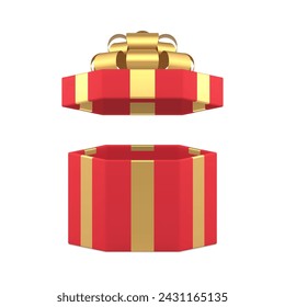 Red luxury open hexagonal festive gift box with golden bow ribbon 3d icon realistic vector