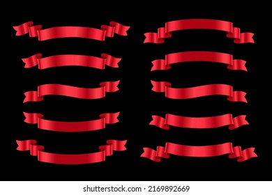 Red luxury ribbons set. Vector design elements isolated on black background