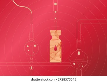 Red Luxury Skincare Lab Ilustración vectorial Gold Line Botella de extracción de ingredientes científicos para la marca de cosméticos Carteles de investigación médica