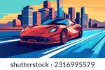 Red luxury sports car running at high speed on a downtown city road. Automotive vector illustration.
