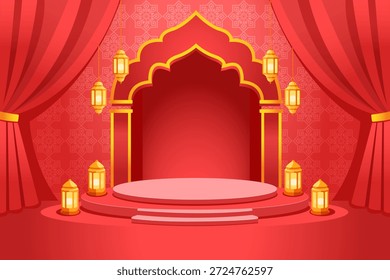 Roter, luxuriöser Bühnenhintergrund mit islamischem Bogen, Laternen und Vorhängen. Elegante Podiumsszene für Ramadan, Eid, Eventpräsentation, Preisverleihung und festliches islamisches Design.