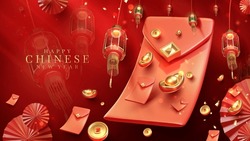Red Luxury Style Background With 3d Realistic Chinese New Year Ornaments With Light Effect Decorations And Bokeh.