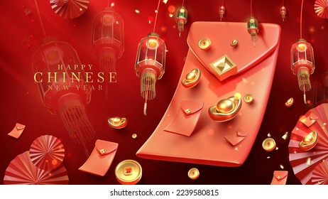 Red luxury style background with 3d realistic chinese new year ornaments with light effect decorations and bokeh.