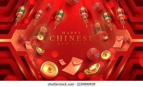 Arrière-plan rouge de luxe avec des ornements de nouvel an chinois 3d réalistes, décorés avec un effet clair et flou.