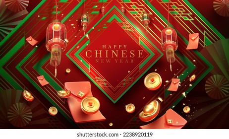 Red luxury style background with realistic chinese new year ornaments on square frame with light effect decorations and bokeh.