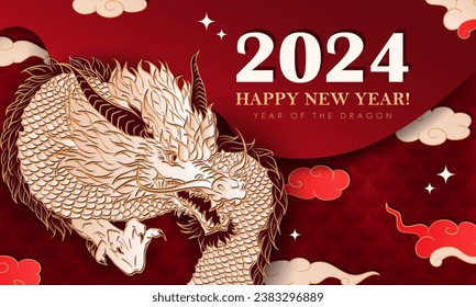 Banner web de lujo rojo con papel de mano recortado Dragón chino como símbolo tradicional del Año Nuevo 2024. Tarjeta en capas con decoración asiática - nubes, estrellas, báscula de dragón. tarjeta de felicitación de Navidad