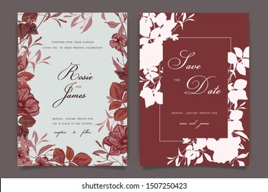 Red Luxury Wedding Invitation set,  invite thank you, rsvp modern card Design in red rose with leaf greenery branches  decorative Vector elegant rustic template
