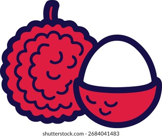 Red Lychee Fruit with Dark Blue Outline on White Background tropical food
