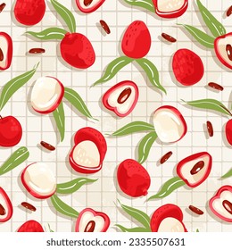 Red lychee litchi fruit and green leaves seamless pattern with line on a beige background. Colorful Vegan food vector illustration for kitchen, textile, wallpaper, fabric, paper