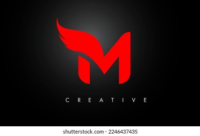 Icono de diseño del logotipo de la letra roja M. Logo de la carta del ala voladora con concepto creativo de ala negra.
