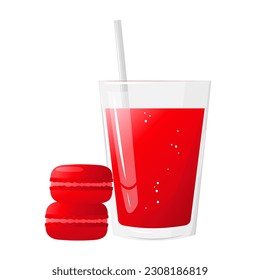 Red macarons with glass of berries juice or lemonade.Highly detailed dessert, macaroon, sweets, menu design, restaurants shop. Gradient macarons.Vector illustration.