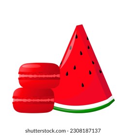 Red macarons with slice watermelon. .Highly detailed dessert, macaroon, sweets, menu design, restaurants shop. Gradient macarons. Vector illustration.