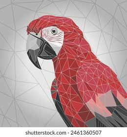 Ilustración de guacamayo rojo hecha de líneas y polígonos, en estilo de arte conceptual y moderno