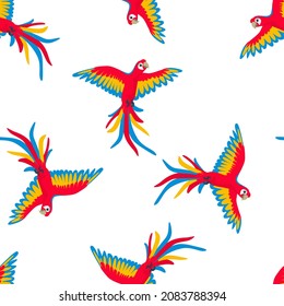 Red macaw parrot in flight seamless pattern. Tropical bird background. Vector cartoon flat illustration.