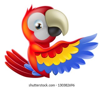 A red macaw parrot leaning round a sign or banner and pointing his wing at what is written on it