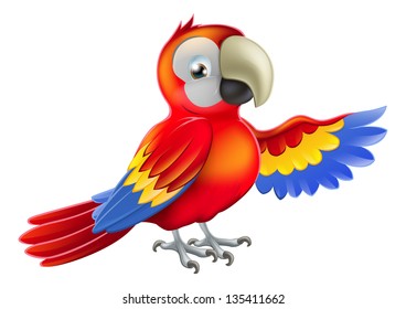 A red macaw parrot pointing or showing something with his wing
