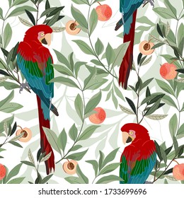 A red macaw parrot sits on a branch of a peach tree, among green leaves and ripe fruits on a white background. Seamless vector art pattern. Square repeating design for fabric and wallpaper.