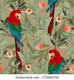 A red macaw parrot sits on a branch of a peach tree, among green leaves and ripe fruits on a beige, tan color background. Seamless vector art pattern. Square repeating design for fabric and wallpaper.