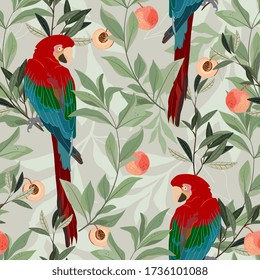 A red macaw parrot sits on a branch of a peach tree, among green leaves and ripe fruits on a cream color background. Seamless vector art pattern. Square repeating design for fabric and wallpaper.