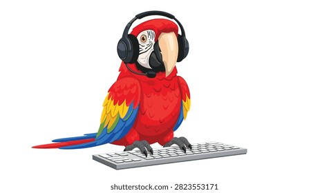 Red macaw parrot wearing black headphones typing on a white computer keyboard isolated on a plain white background for tech support.