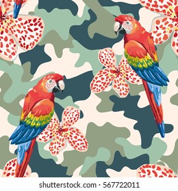 Red macaw parrots with canna flowers on the camouflage background. Vector seamless pattern. Tropical illustration with birds. 