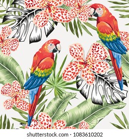 Red macaw parrots and green banana palm leaves, flowers background. Vector floral seamless pattern. Tropical jungle foliage illustration. Exotic plants greenery. Summer beach design. Paradise nature.