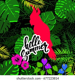 Red macaw parrots with green palm leaves and pink hibiscus flowers. Tropical illustration with birds and plants.