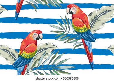 Red macaw parrots with palm leaves on the nautical striped background. Vector seamless pattern. Tropical illustration with birds. 
