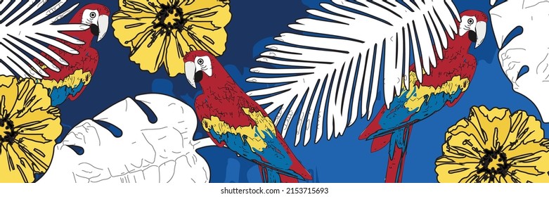 red macaw print pattern on a blue background with tropical leaves and flowers.